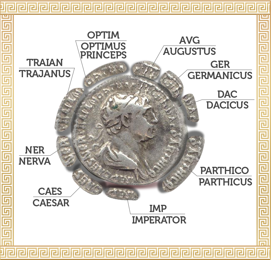 Legendas da moeda de Trajano, imperador da Roma Antiga
