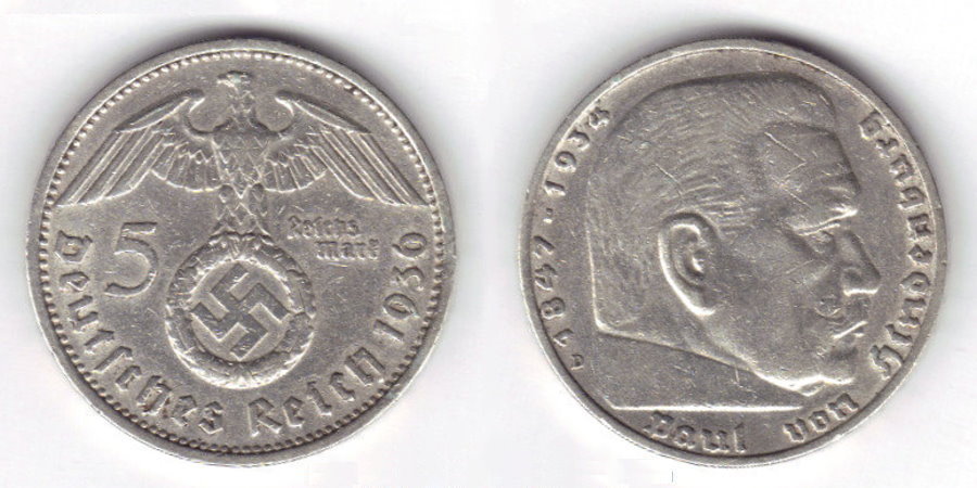 Moeda nazista de prata: 5 reichsmark de 1934