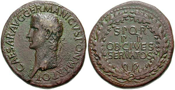 Moeda de Calígula e Senatus Populusque Romanos
