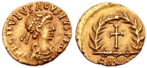 Moeda rara do último imperador romano, Rômulo Augusto.