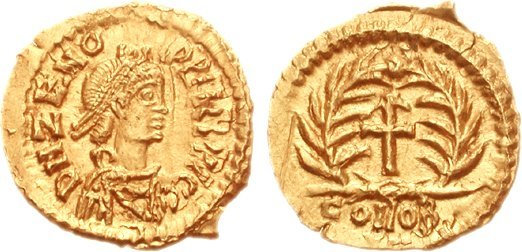 Moeda que retrata Odoacro, líder bárbaro que depôs o último imperador romano Rômulo Augusto.
