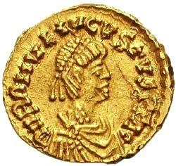 Moeda que retrata o último imperador romano, Rômulo Augusto.
