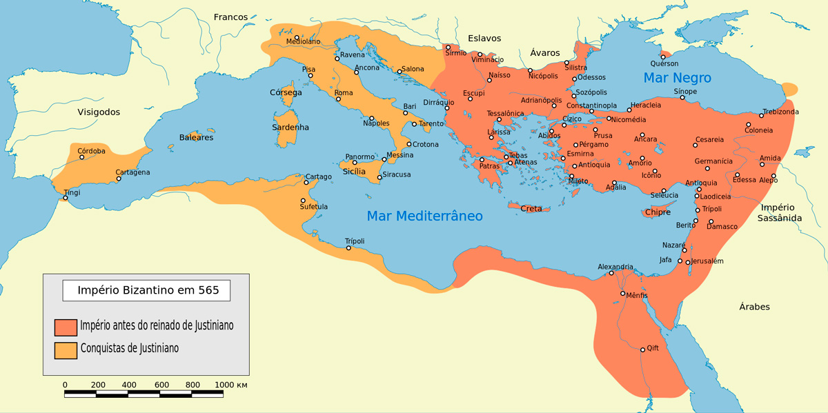 Império Bizantino em sua extensão máxima em 565 d.C.
