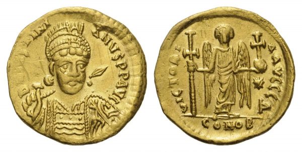 Solidus de Justiniano. Essa moeda de ouro era muito utilizada pelo império bizantino.