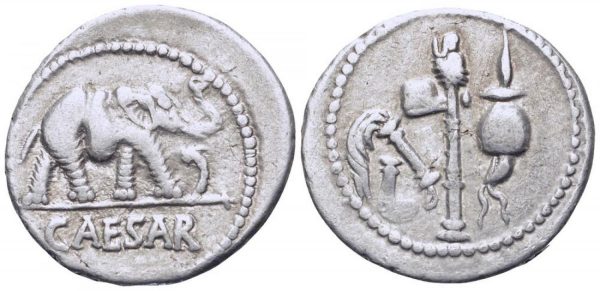 Denário de prata histórico de elefante, que representa as expedições militares de Júlio César.