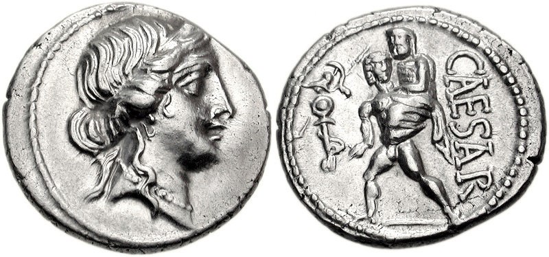 Denário de prata que representa os antepassados de Júlio César, a deusa Vênus e o guerreiro troiano Eneias.