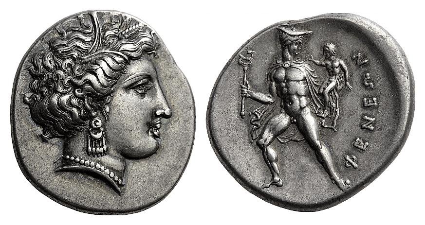 Estáter de prata da Grécia Antiga que traz o deus grego, Hermes.