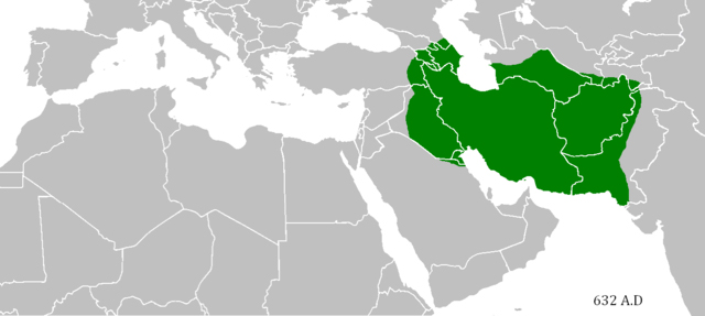 Extensão do Império Sassânida, atual Irã, em 632 d.C.