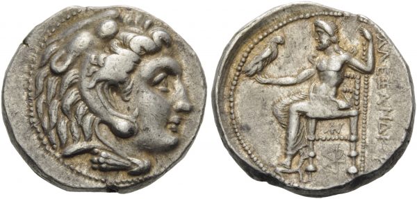 Tetradracma de Alexandre, o Grande, que traz o herói Hércules usando a cabeça do leão de Nemeia como chapéu, mito que representa o signo de leão.