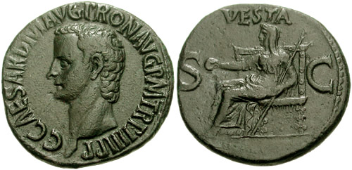 Moeda do imperador romano Calígula, que traz a deusa Vesta, símbolo do signo de virgem, no reverso.
