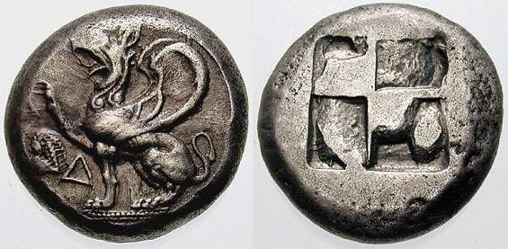 O grifo, uma das principais criaturas mitológicas, representado numa moeda da Grécia Antiga.