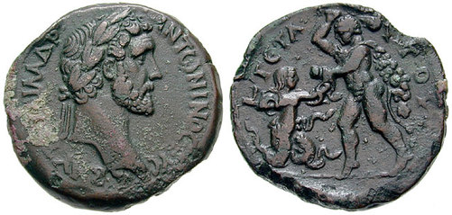 Hércules em seu 2º trabalho, retratado em moeda romana cunhada durante o governo do Imperador Antonio Pio.