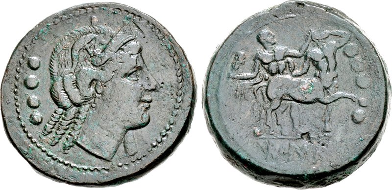 Moeda romana que traz a deusa Juno no anverso e o herói Hércules no reverso.