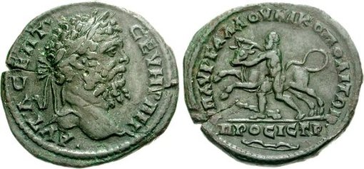 Moeda da Roma Antiga que traz o busto de Hércules barbado, como um homem maduro, no reverso em um dos doze trabalhos.