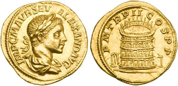 Moeda romana antiga rara, que traz no anverso o imperador Alexandre Severo e o Coliseu de Roma no reverso.