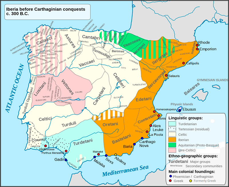 Mapa que mostra as ocupações das tribos celtas que viviam na Península Ibérico em 300 a.C.