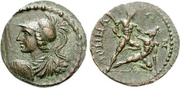 Dracma da deusa Atena que retrata a lenda de Teseu e o Minotauro.