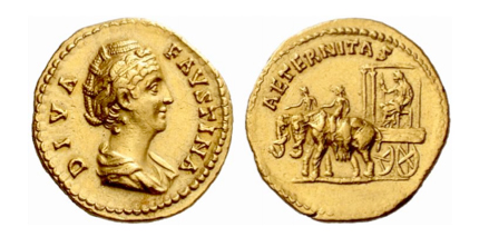 Áureo romano cunhado após a morte da imperatriz Faustina I, no qual o elefante representa a eternidade da imperatriz.