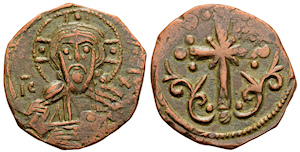 Moeda de bronze que traz Cristo, um follis do imperador bizantino Neceforus III.