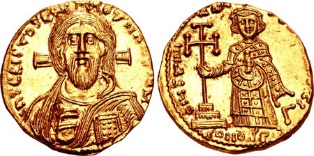 Moeda do Império Bizantino, que traz Jesus Cristo no anverso e Justiniano II no reverso.