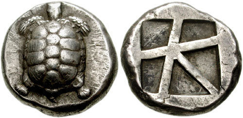 Moeda antiga de Egina, do período clássico grego, que apresenta uma tartaruga.