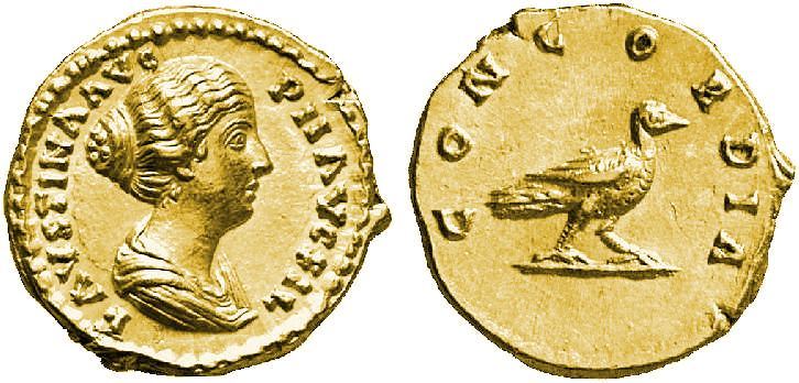 Veja moeda antiga de ouro de uma das principais imperatrizes romanas, Faustina, a Jovem.