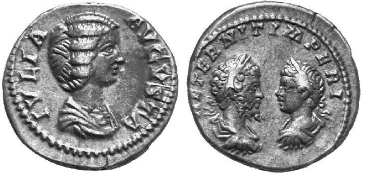 Moeda de prata da imperatriz romana, Julia Domna, que traz o imperador Sétimo Severo no reverso.