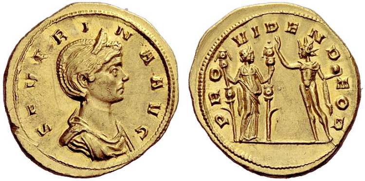 Moeda de ouro de Úlpia Severina, imperatriz romana.