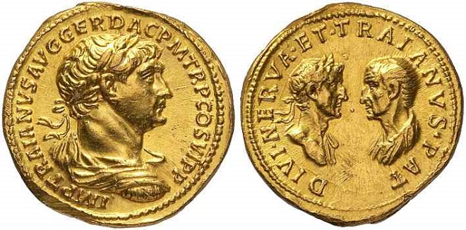 Moeda de ouro romana que traz o imperador Nerva e o imperador Trajano no reverso.