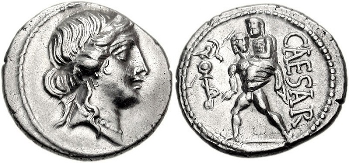 Moeda do general romano Júlio César, que traz a deusa do amor, Vênus.