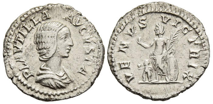 Denário de prata da esposa do imperador Caracala com retrato da deusa Vênus no reverso.