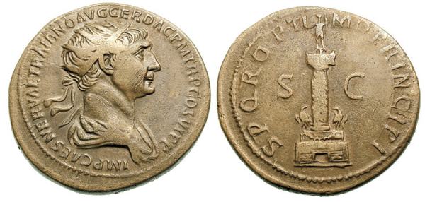 Dupôndio cunhado por Trajano, que traz o imperador no anverso e a coluna trajana no reverso.