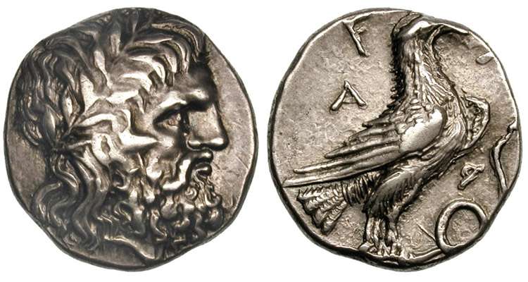 Moeda olímpica grega antiga com retrato do deus Zeus.