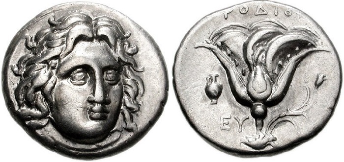 O deus-sol Hélio retratado numa moeda da Grécia Antiga.