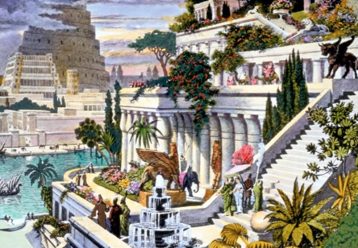 Os jardins suspensos da Babilônia representado numa pintura colorida à mão.