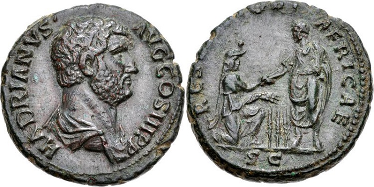 Moeda de bronze cunhada durante o reinado do imperador Adriano.