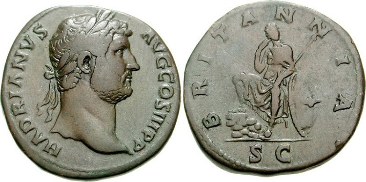Sestércio de bronze que homenageia a viagem do imperador romano Adriano à Britânia.