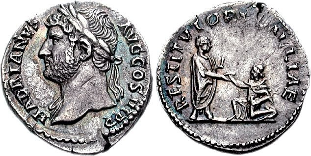Denário cunhado durante governo de Adriano para homenagear sua visita à Gália.