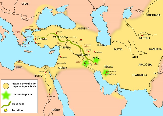 Mapa do Império Persa dos aquemênidas mostrando a extensão máxima nos governos de Dário e Xerxes.