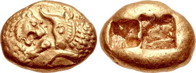 Uma das primeiras moedas cunhadas no mundo, no reino da Lídia, que foi dominado pelos aquemênidas do império persa.