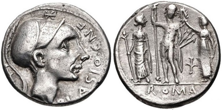 Denário romano homenageando Cipião Africano pela vitória nas guerras púnicas.
