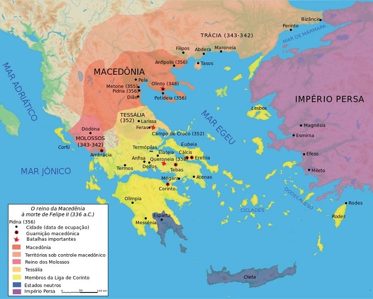 Mapa mostrando a expensão da Macedônia durante o governo de Filipe II.