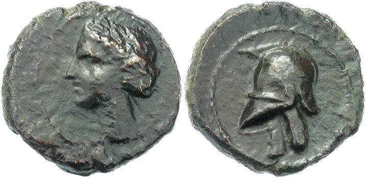 Rara moeda de bronze de Cartago com a deusa Tanit no anverso.