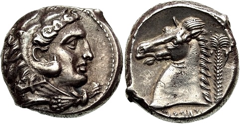 Tetradracma de Cartago, que traz o deus Melqart no anverso. E o cavalo no reverso.