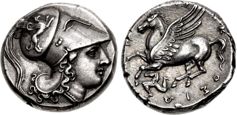 Estáter de Siracusa no padrão das moedas da Sicília, com a deusa Atena no anverso e o Pégaso no reverso.