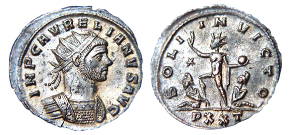 Antoniniano do imperador Aureliano, que apresenta o deus Sol Invicto no reverso.