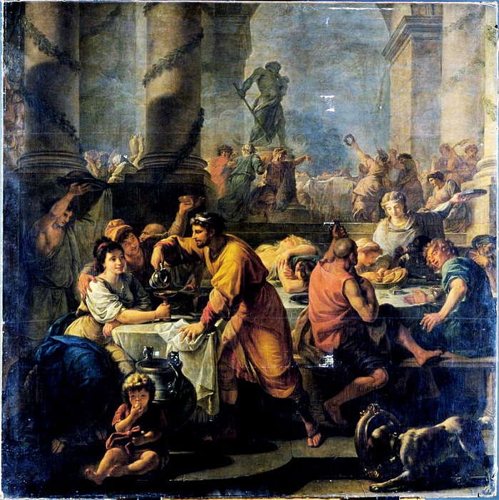 Obra de arte retratando a Saturnália dos antigos romanos.