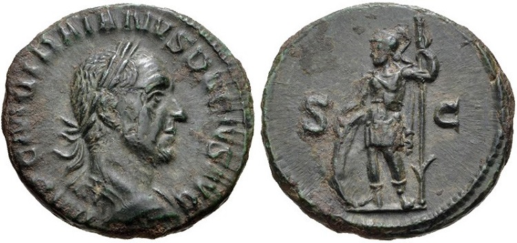 Moeda de bronze romana do imperador Décio e deus Marte.