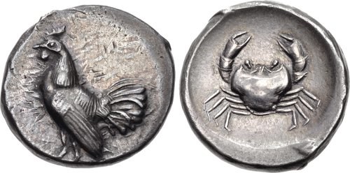 Moeda grega antiga com gravura de caranguejo, um dos animais marinhos mais retratados nas moedas da Grécia Antiga.