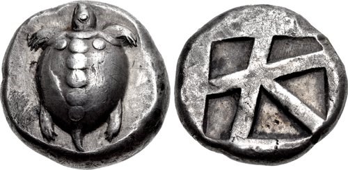 Estáter de prata apresentando tartaruga marinha, símbolo monetário da cidade de Egina.